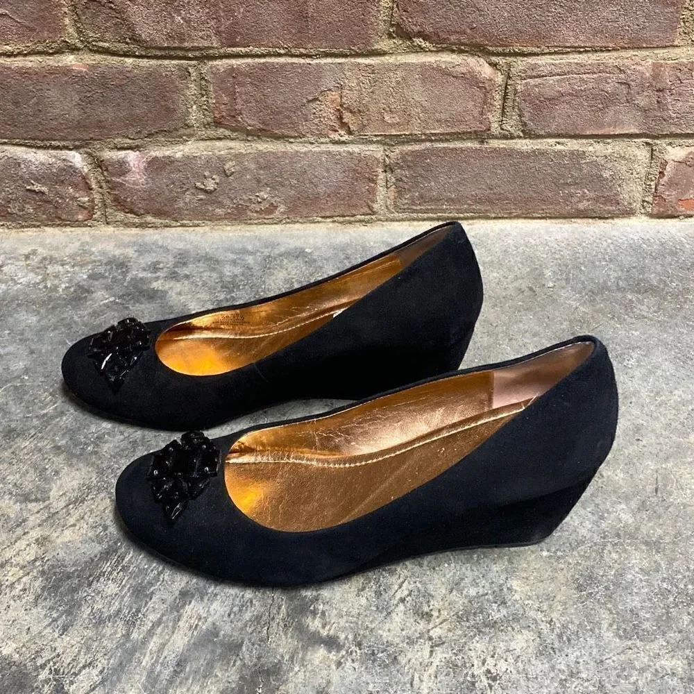 BCBG Black Suede Jeweled Wedge Size 7.5